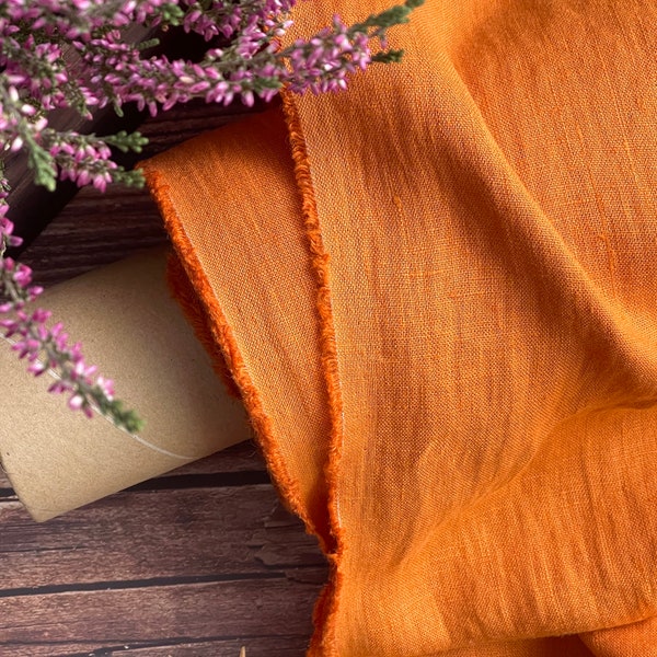 Linen fabric orange, Washed softened linen fabric Fabric by the yard or meter Stone Washed linen col.2713