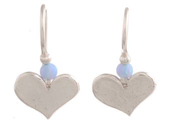 Sterling Silver Heart dangle Earrings , Heart Earrings , Opal Drop & Dangle Earrings , Silver Heart Earrings, Hand Made Heart Earrings
