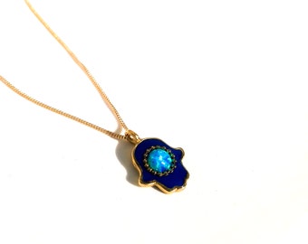 Hamsa necklace, kabbalah necklace, opal necklace ,Gold charm necklace,Hand with blue opal ,Jewish jewelry