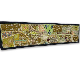 Indian Handmade Patch Work Vintage Line Tapestry Green Color Kitchen Table Runner Assorted Size 16x60" Inch