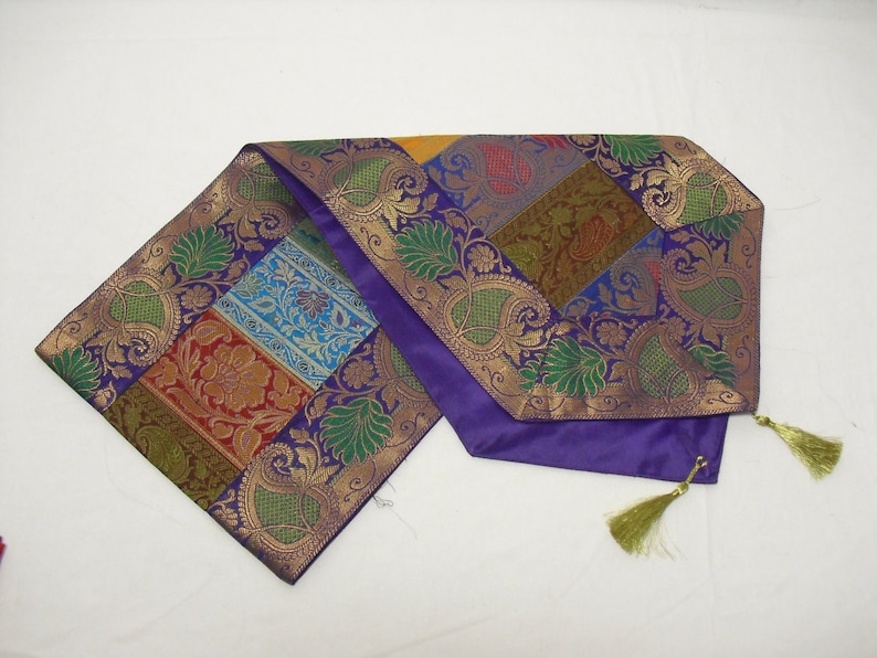 Indian Handmade Silk Table Runner Home Decor Tableware Purple Color Brocade Design