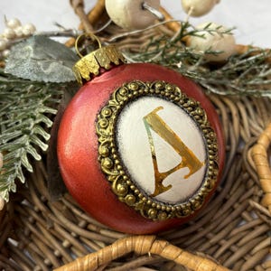 Hand Painted Monogram Christmas Ornament Custom Initial Bauble Vintage Antique Gold Gilded Keepsake Personslized Heirloom Holiday Gift