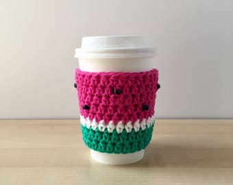 Coupe confortable pastèque, pastèque au crochet, accessoires pastèque, coupe confortable au crochet, coupe au crochet avec manche, manche café, cadeau amateur de café