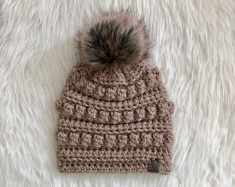 Crochet Bobble Beanie, Crochet Hat, Pom Pom Hat, Winter Hat, Toque, Slouchy Hat, Chunky Hat, Beige Beanie, Adult Hat, Ready to Ship
