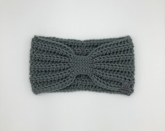 Cinched Crochet Headband | Crochet Ear Warmer | Crochet Headwrap | Ribbed Headband | Silver Grey | Adult Headband | Ready to Ship