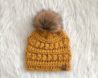 Crochet Bobble Beanie, Crochet Hat, Pom Pom Hat, Winter Hat, Toque, Slouchy Hat, Chunky Hat, Mustard Beanie, Toddler Beanie