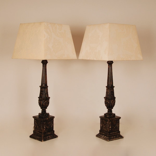 French Table lamps Neoclassical Column Lamps Cream and black Ebonised  Traditional vintage a pair