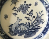 Rare Chinese Ceramic porcelain dish plate 18th c Bleu de hue insects pigs peony