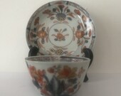 Antique Chinese imari porcelain tea bowl Cup saucer 18C pre 1800 Qing iron red