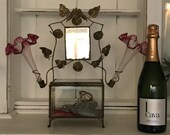 antique French boudoir Bridal casket jewellry box cranberry glass trumpet vases bronze vitrine
