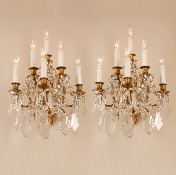 Antique Baccarat Crystal Gold Wall Sconces 6 Light Palace Lamps a