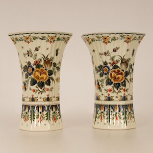 Royal Delft Beaker Vases: Dutch Delftware Polychrome Floral