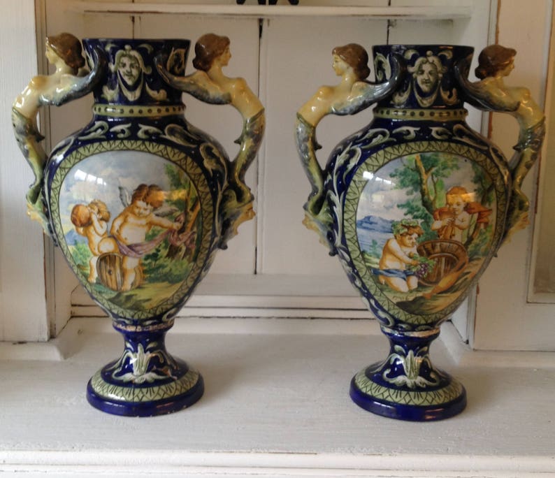 Antique Italian Majolica Pottery Fond Blue Vases Renaissance Etsy