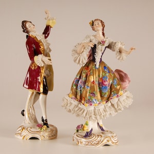 Antique porcelain figurines Volkstedt dancers couple lace porcelain