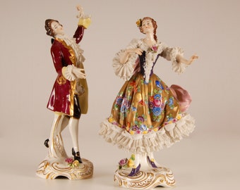 Antique porcelain figurines Volkstedt dancers couple lace porcelain