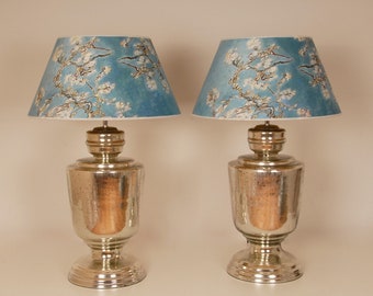 Tall Silver Table Lamps Modern Table Lamps Silver Blue silk lampshades Vintage Vase Lamps A pair - Set of 2