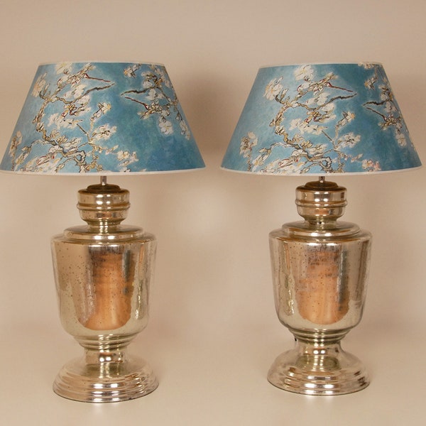 Tall Silver Table Lamps Modern Table Lamps Silver Blue silk lampshades Vintage Vase Lamps A pair - Set of 2