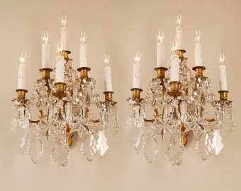 Antique Baccarat Crystal Gold Wall Sconces 6 light Palace Lamps - a pair