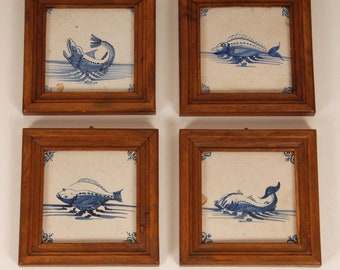 Antique Delft Tiles 17th century: Framed Sea Creatures, Baroque Oak Frames (Set of 4)