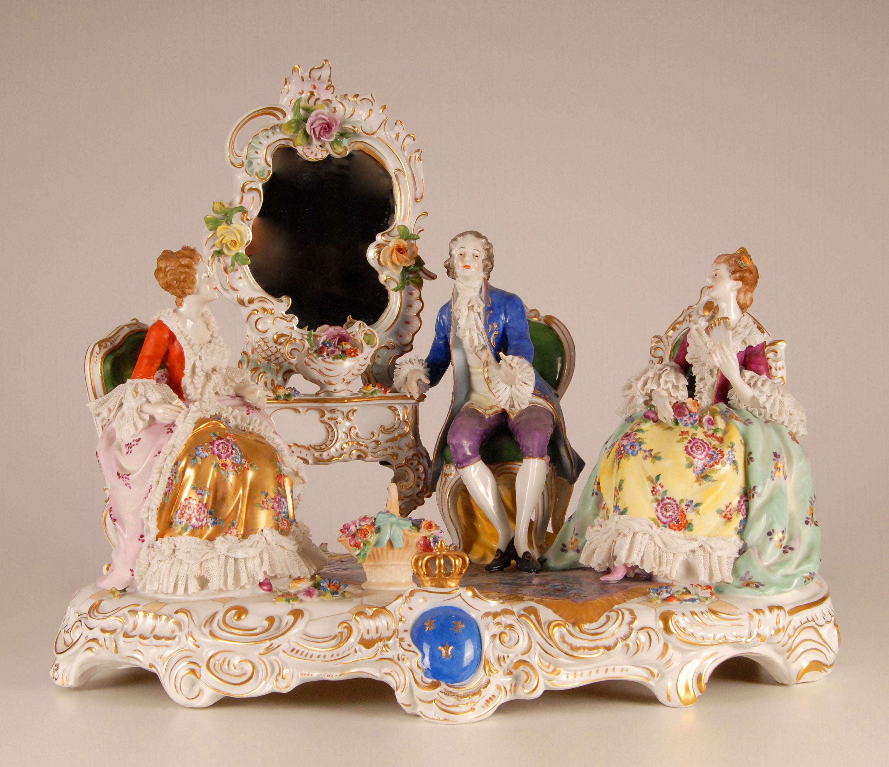 Antique Dresden Porcelain Figural Group Lace Figurines Rococo German