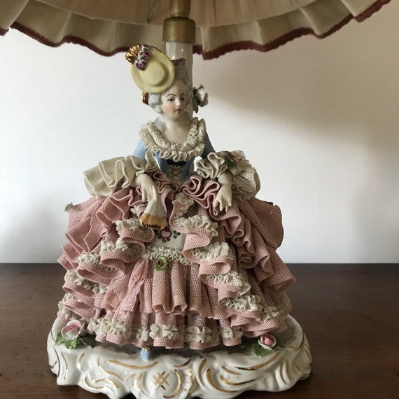 Antique Lace Porcelain Figurine Figural Lamp Dresden German
