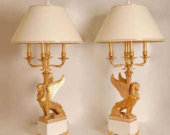 Empire Table Lamps Return of Egypt Bouilotte lamps Napoleonic Giltwood Sphinx a pair