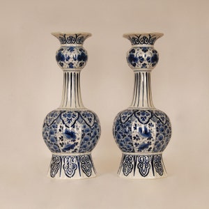 Antique Royal Delft Vases Chinoiserie Blue White Rustic Knobble Vases Earthenware Floral Baroque - a Pair