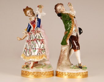 Antique German Dresden porcelain figurine dancing couple dancers Marked 19th century