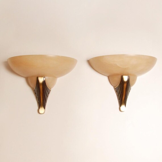 Art Deco Lamps Marble Alabaster bronze Wall Sconces Mid Century Revival a pair