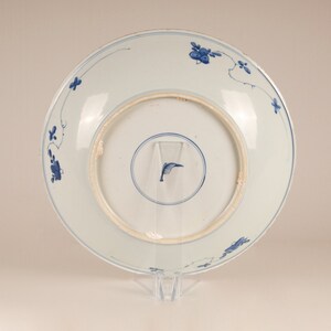 May include: The reverse of a white porcelain plate featuring a blue floral design. The plate has a raised rim and a slightly scalloped edge.