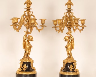 19th Century French Victorian Gold Gilt Bronze Black Marble Candelabras 6 Light Putto - a Pair