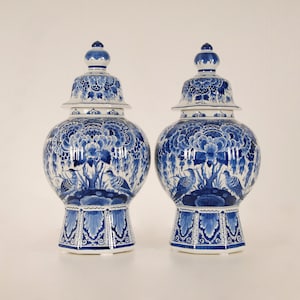 Royal Delft Vases Chinoiserie Dutch Delftware Dutch Blue and White Covered Urns