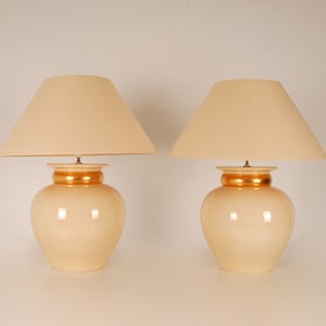 French Ceramic Table Lamps Robert Kostka Gold and Beige Vintage Porcelain Vase Lamps a pair 70s