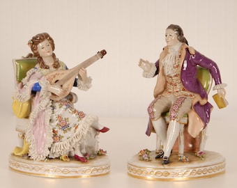 Antique German Volkstedt porcelain figurines Musicians couple lace porcelain Dresden 1900