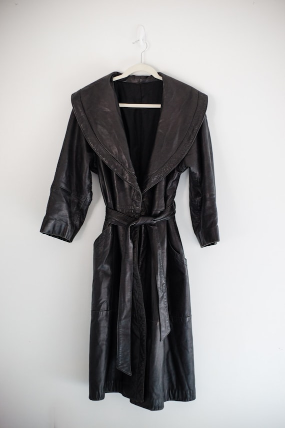 Black Leather Full Length Jacket Belted Robe Style