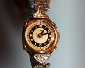 SUPER SALE Latham Art Deco Ladies watch, RARE 4 large Diamond Watch. Keeps good time. Rose gold-fill, beautiful condition. See pictures.