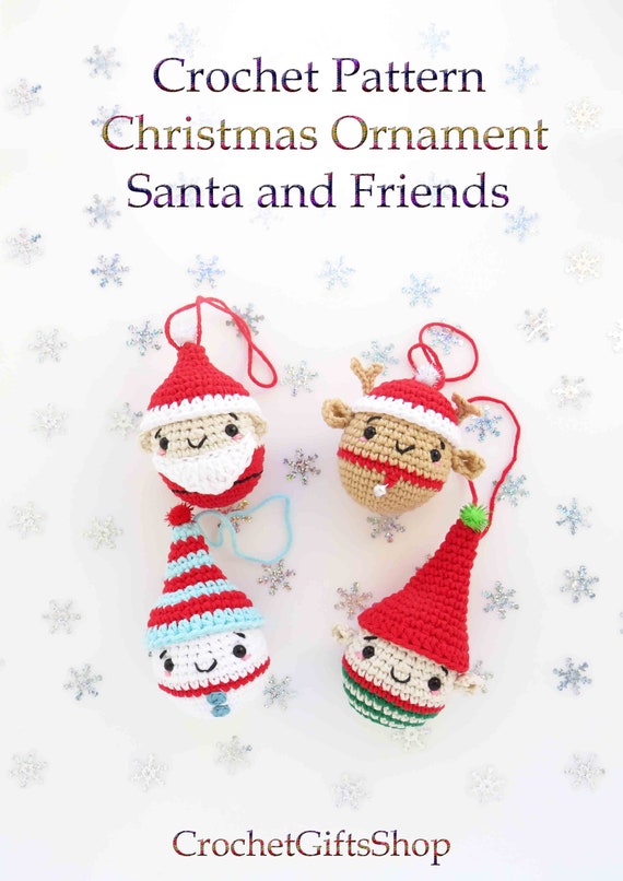 Crochet Pattern Christmas Ornament set of 4 Santa Claus and Friends PDF Instant Download home decor xmas on a fir tree decoration holiday