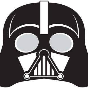 May include: Black and white Darth Vader mask with eye holes. The mask is a simple silhouette of the iconic Star Wars character.