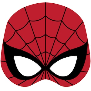 Könnte beinhalten: Eine rote und schwarze Spider-Man-Maske mit einem Netzdesign. Die Maske hat Augenlöcher und einen schwarzen Umriss.