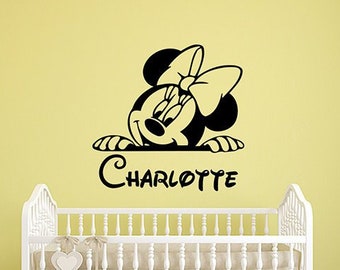Calcomanía de pared personalizada de Minnie, pegatina de vinilo con nombre personalizado, arte de pared para el hogar, dormitorio de niña, habitación de bebé, decoración de guardería, póster Mural 3cnz