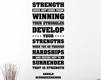 Strength Does Not Come From Winning Arnold Schwarzenegger Wall Decal Vinyl Sticker Fitness Workout Home Gym Inspirational Quote Decor 82qz