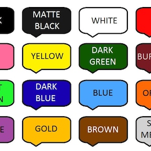 Puede incluir: Un gr&aacute;fico con 16 muestras de color en forma de burbujas de di&aacute;logo. Los colores son negro, negro mate, blanco, rojo, rosa, amarillo, verde oscuro, burdeos, verde claro, azul oscuro, azul, naranja, morado, dorado, marr&oacute;n y plateado met&aacute;lico.