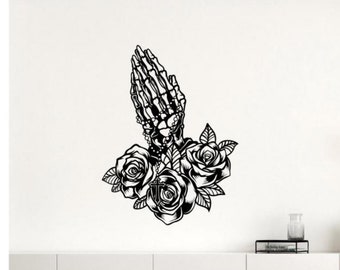 Praying Hands Wall Decal Vinyl Sticker Skeleton Hands Cross Rose Decor Faith Wall Art Poster Prayer Gift Self Adhesive Decal Stencil 2762