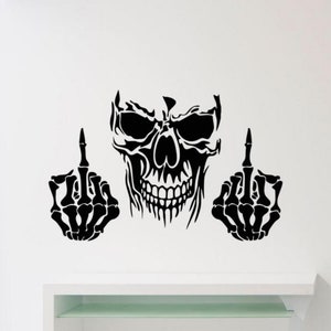 Skull Middle Finger Wall Decal Vinyl Sticker Decor Skeleton Middle Finger Wall Art Poster Gift Self Adhesive Stencil Car Window Decal 2680