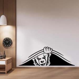 Scary Clown Peeking Wall Decal Vinyl Sticker Horror It Movie Wall Art Poster Halloween Gift Sign No Background Self Adhesive Decal 3963