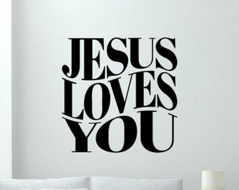 Calcomanía de vinilo con frase "Jesús te ama", decoración de pared, póster de fe, oración, regalo, plantilla, letrero, calcomanía autoadhesiva 3957
