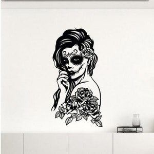 Sticker mural fille tête de mort en sucre vinyle autocollant déco tête de mort en sucre femme Sticker jour des morts Art mural affiche cadeau pochoir auto-adhésif 2805