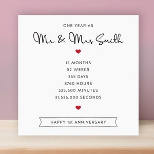1st WEDDING ANNIVERSARY CARD - Personalised Romantic wedding day card for wife or husband. Days, weeks, months, seconds. Love hearts FC4c