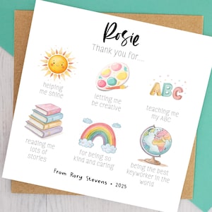 May include: A thank you card for Rosie, with watercolour illustrations of a sun, paint palette, ABC letters, books, rainbow, and globe. Text includes "Thank you for..." and "From Rory Stevens 2025".