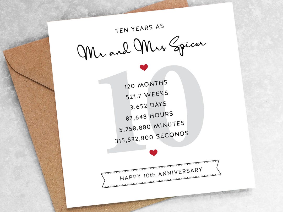 10th WEDDING ANNIVERSARY CARD - Personalised Romantic Greetings Cards ...